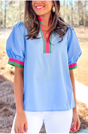 Lvness Sky Blue Contrast Striped V Neck Collision Short Puff Sleeve Blouse