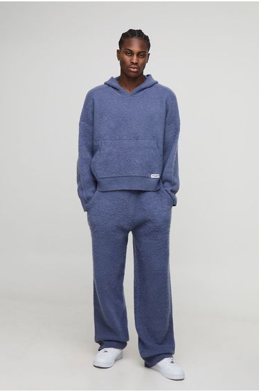 Boxy Fit Brushed Hoodie And Flared Jogger Tracksuit - slate blue
