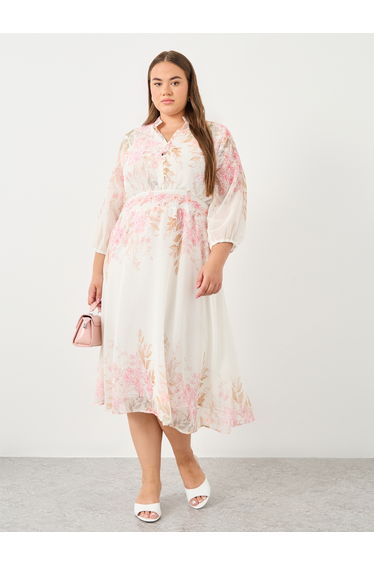 Plus A-Line Midi Dress with Floral Print