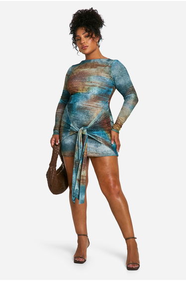 Plus Printed Tie Front Mesh Mini Dress - green