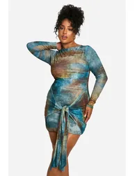 Plus Printed Tie Front Mesh Mini Dress - green - 2