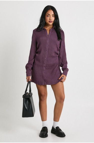 Textured Ruched Shirt Dress - purple