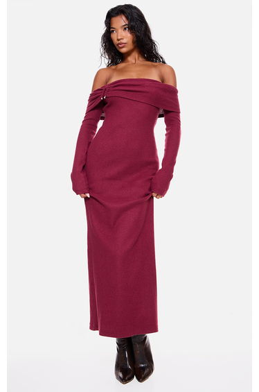 Burgundy Heavy Brushed Rib Bardot Trim Maxi Dress