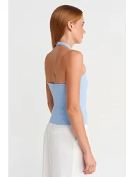 Dilvin Crop Halterneck Ribbed Blouse With Stone Detail - 2