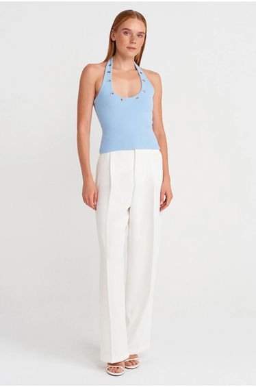 Dilvin Crop Halterneck Ribbed Blouse With Stone Detail