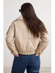Ecru Oversize Faux Fur Collar Faux Leather Plus Size Jacket Coat - 4