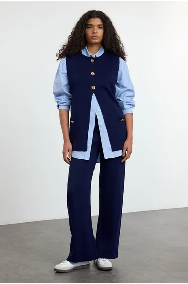 Navy Blue Wide Cut Button Detailed Vest-Pants Knitwear Bottom-Top Set
