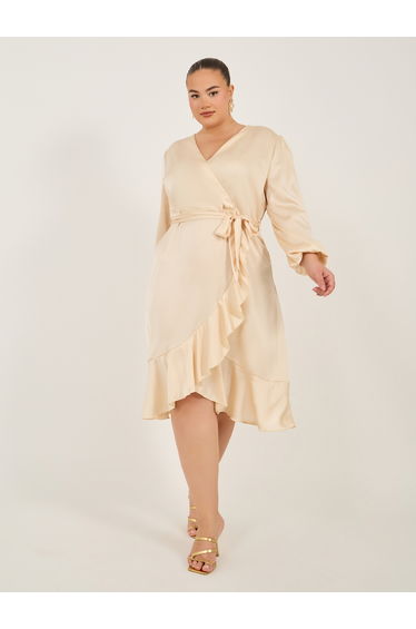 Plus Size Balloon Sleeves Wrap Midi Dress