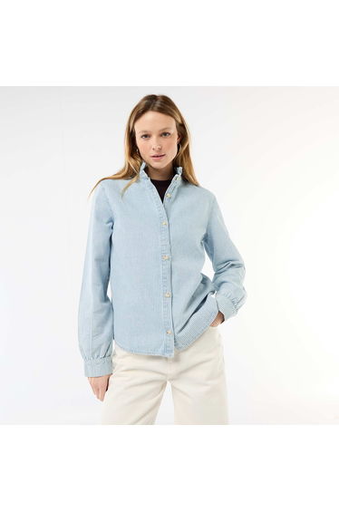 Denim Blouse with Ruffled Collar BLUE