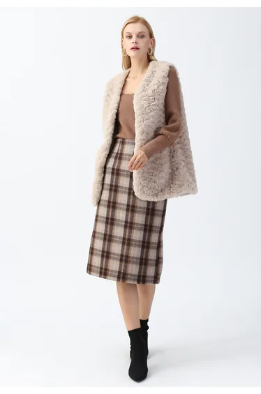 Faux Fur Mid-Length Vest in Sand