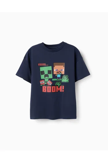 Cotton T-shirt With Minecraft Prints For Boys, Navy Blue