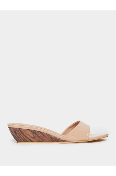Beige Patent Low Wedge Heel Mules