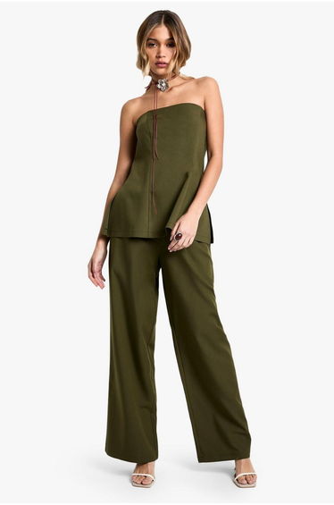 Woven Elasticated Waist Wide Leg Trousers - olive
