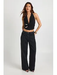 Double Layer Slinky Halter Neck Buckle Gold Trim Top - black - 2
