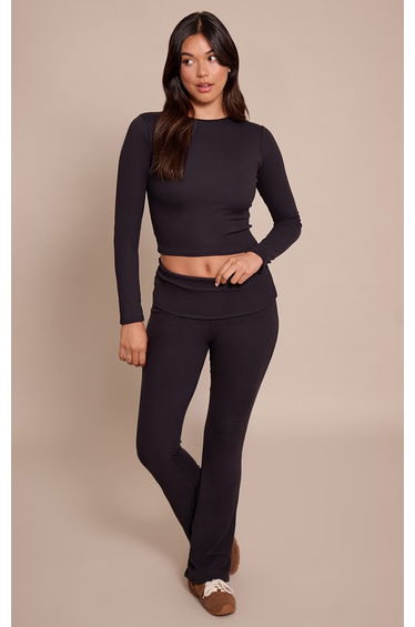 Black Soft Touch Foldover Waistband Flare Trouser