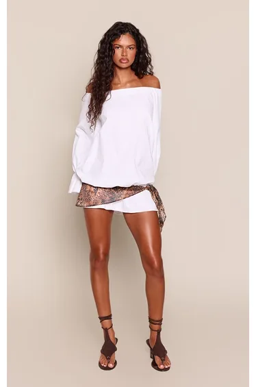 White Poplin Bardot Contrast Scarf Detail Shift Dress
