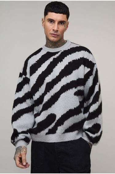Tall Boxy Oversized Brushed Animal Knitted Jumper - grey