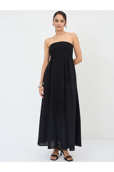 Black Cotton Bandeau Neck Maxi Dress