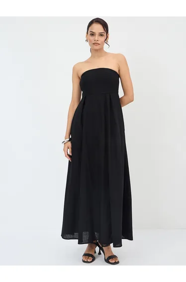 Black Cotton Bandeau Neck Maxi Dress