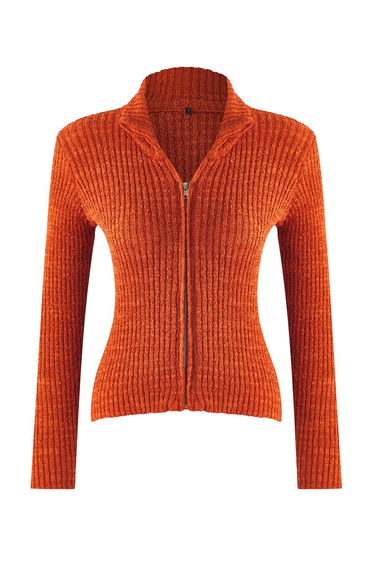 Wardrobe Essentials Orange Zippered Stand Collar Soft Textured Cotton Knit Cardigan