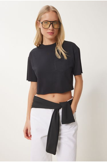 Women's Black Cotton Crop Knit T-Shirt