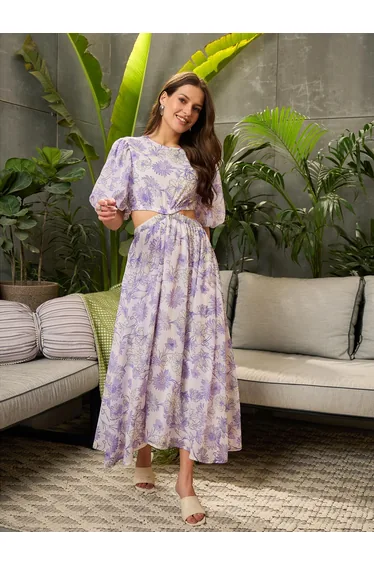 White Floral Waist Cut-Out Dress