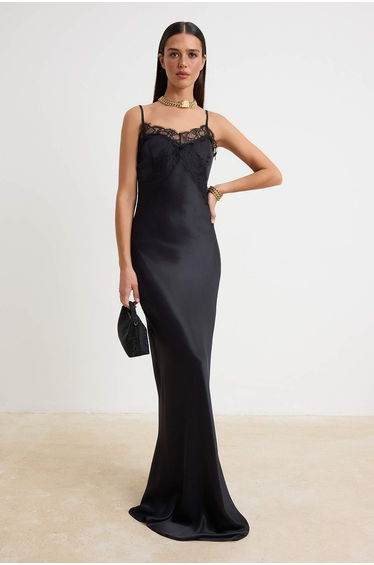 Black Plain Lace Detailed Woven Satin Maxi Evening Dress & Graduation Dress