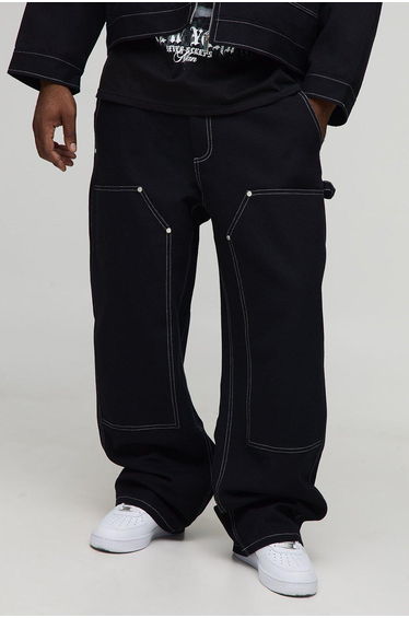 Plus Canvas Relaxed Fit Worker Trousers - black