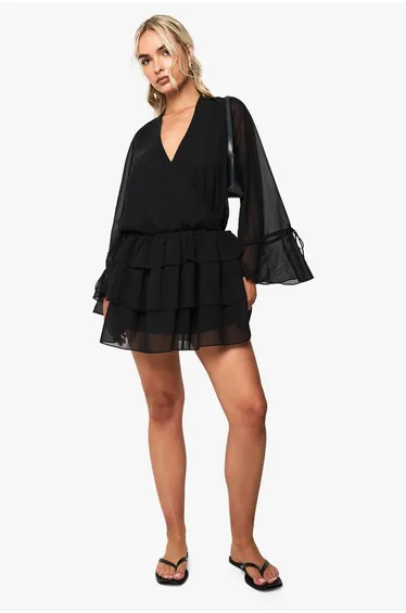 Chiffon Long Sleeve Mini Dress - black