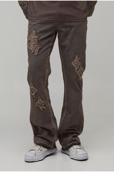 Tall Washed Slim Flare Applique Panel Jeans - stone