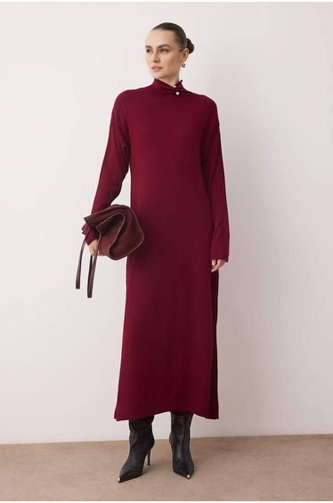 Burgundy Pearl Accessory Detailed Knitwear Dress