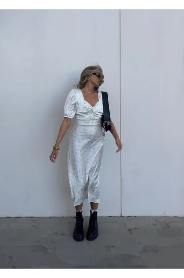 Felicity Twist Front Midaxi Dress -Green Pink Stem Floral