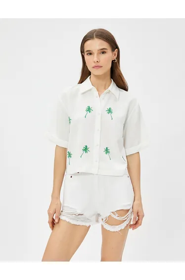 Linen Blend Palm Embroidered Crop Shirt