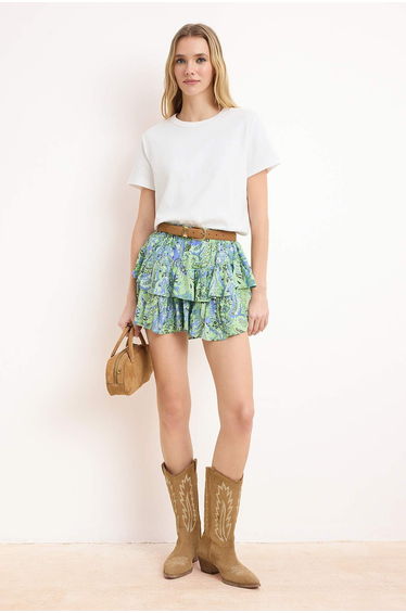 Green Shawl Pattern Frilly Waist Rubber Detailed Viscose Woven Shorts