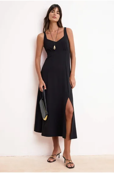 Black A-Line/A Bell Form Sweetheart Neck Sleeveless Maxi Scuba Crepe Knitted Dress