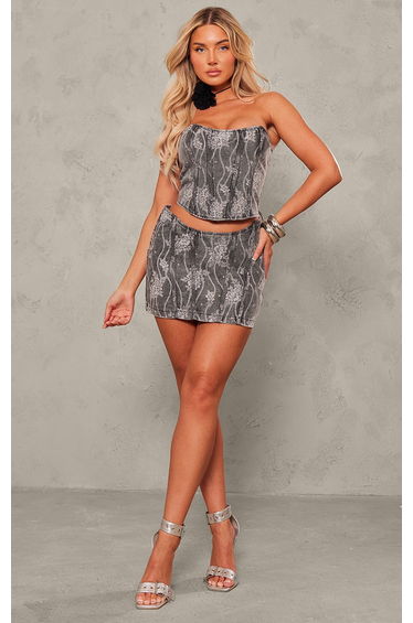 Washed Grey Lace Print Denim Mini Skirt