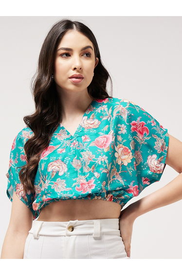 Green Floral Print Crop Top