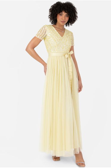 Maya Pale Yellow Stripe Embellished Maxi Dress With Sash Belt
