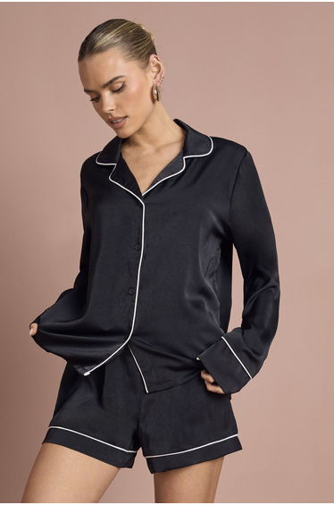 Satin Piping Detail Long Sleeve Shirt & Shorts Pyjama Set - black