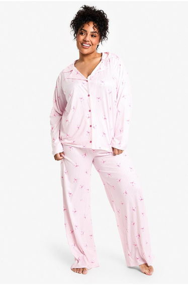 Plus Bow Stripe Print Long Sleeve & Trouser PJ Set - pink