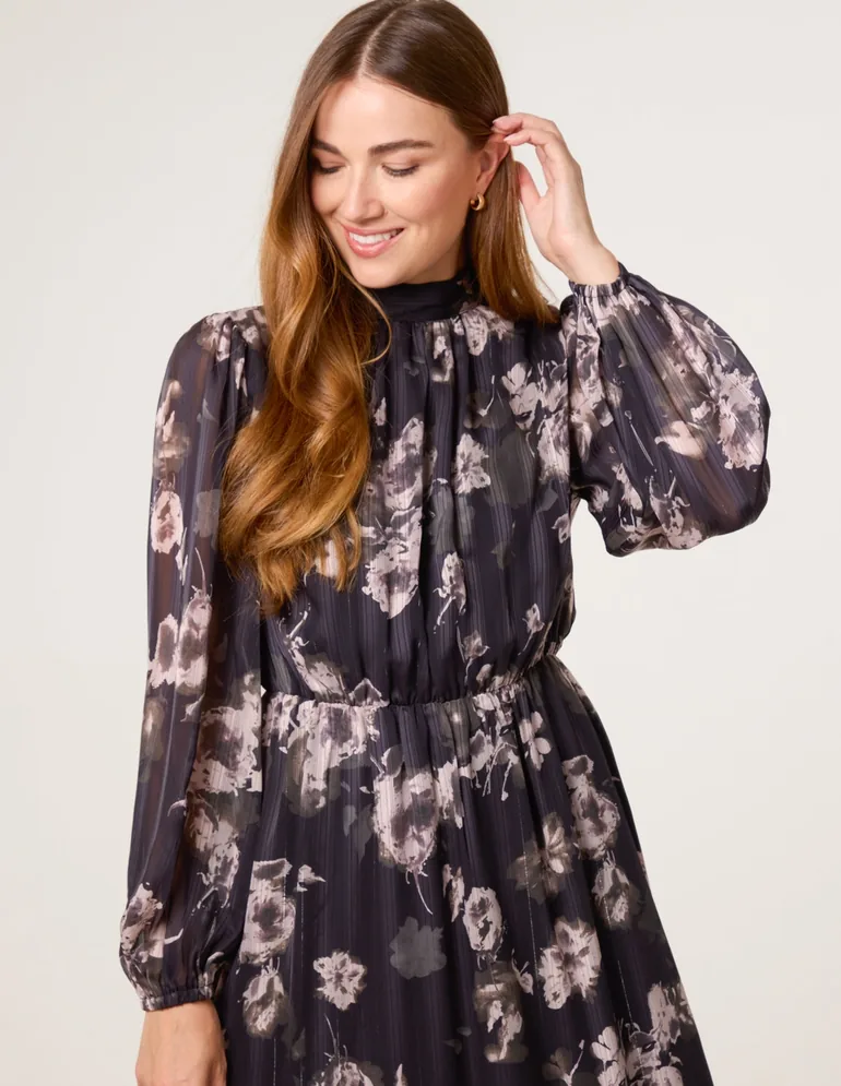 High Neck Floral Puffball Pleated Midi Dress Blue Vanilla Multicolour :  Evening Dresses : VogaCloset Oman