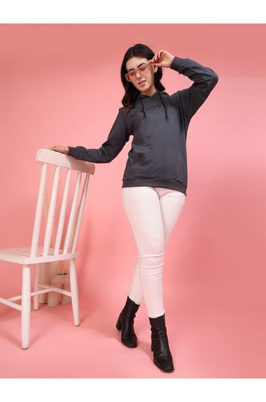 Women Grey Printed Fleece Hoodie