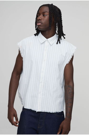 Oversized Boxy Sleeveless Double Stripe Raw Seam Shirt - white