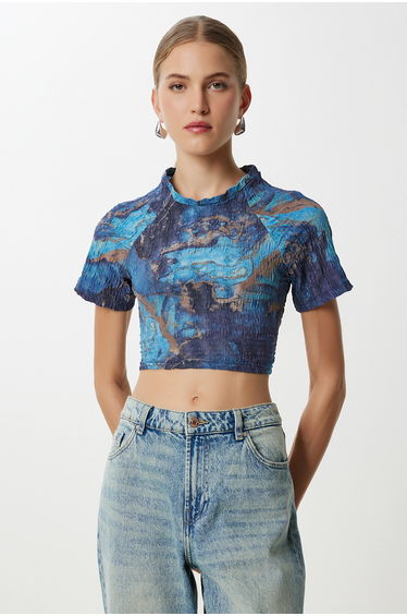 ISTANBUL Abstract Print Short Sleeve Slim Fit Crop Blouse