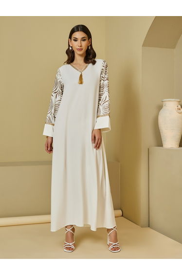 Printed V-Neck Jalabiya with Tassel Detail