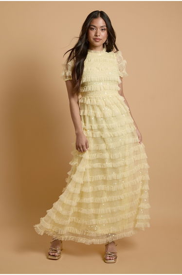 Petite Tiered Mesh Sequin Occasion Maxi Dress