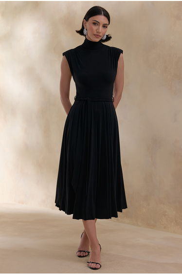 Roselena | Black High-Neck Midi Dress