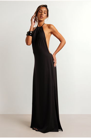 Ruched Neckline Halter Low Back Super Soft Maxi Dress - black