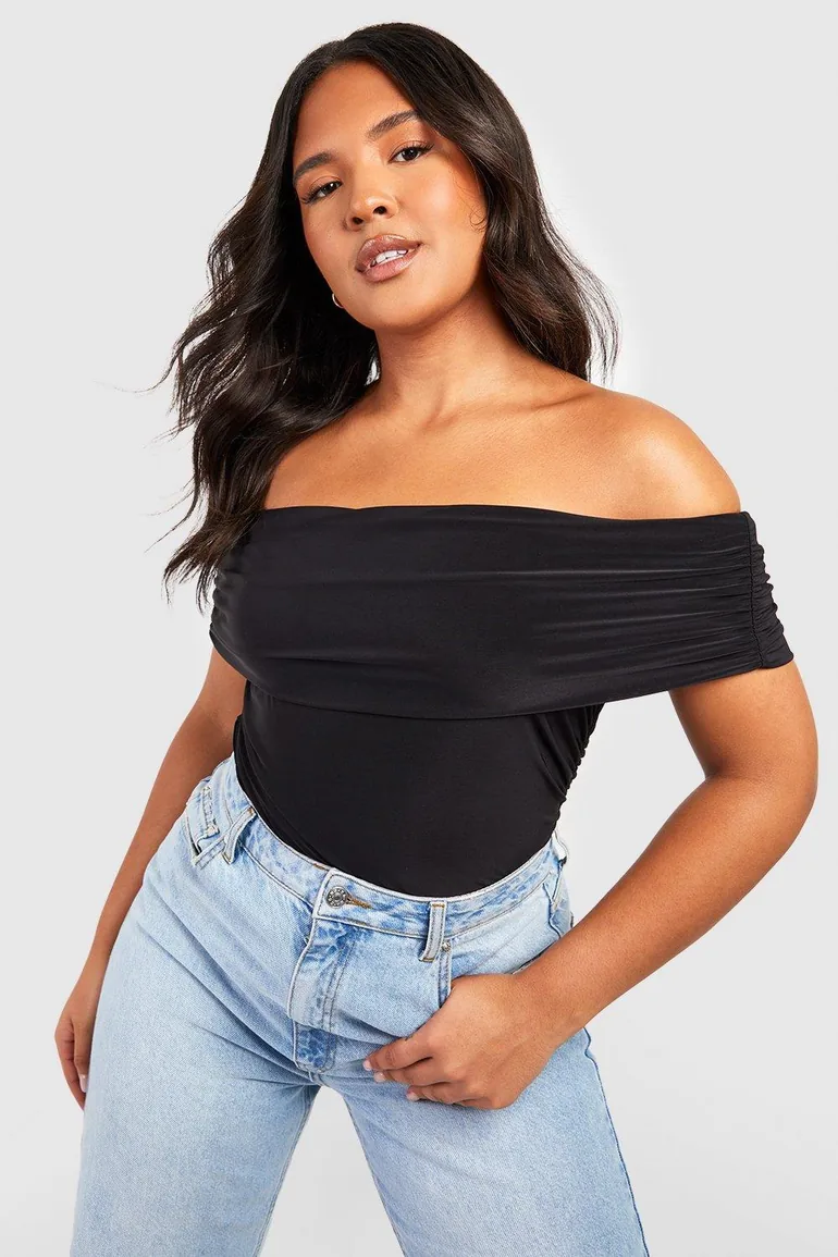 Plus Slinky Ruched Asymmetric Bodysuit - black