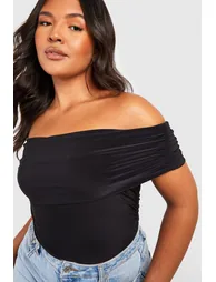Plus Slinky Ruched Asymmetric Bodysuit - black - 3